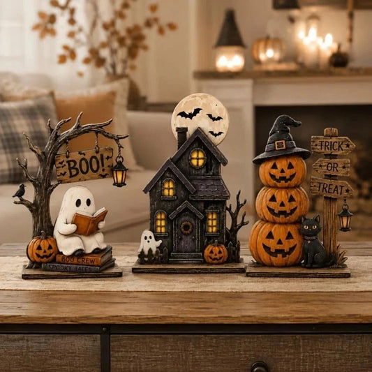 3 Piece Halloween Decor Set Haunted House Ghost Pumpkin Tabletop Centerpiece