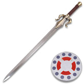 Diagonal display of FS-722-1 fantasy sword showing full blade length, bronze guard, and decorative round wall plaque