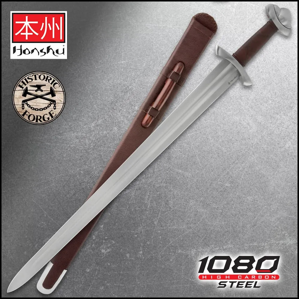 Honshu Historic Forge 10th C. Norse Viking Sword - 1080 carbon steel, brown wooden scabbard included
