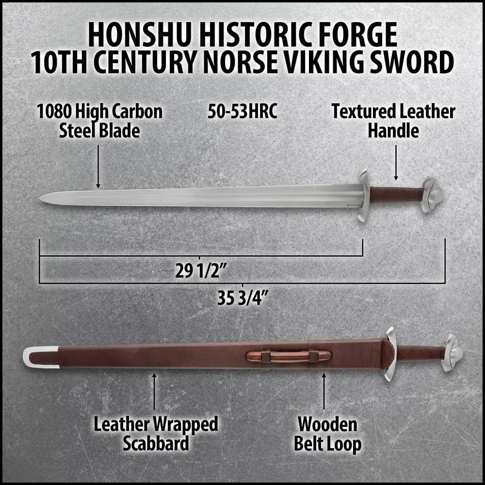 Honshu Historic Forge 10th C. Norse Viking Sword - 1080 carbon steel, brown wooden scabbard included