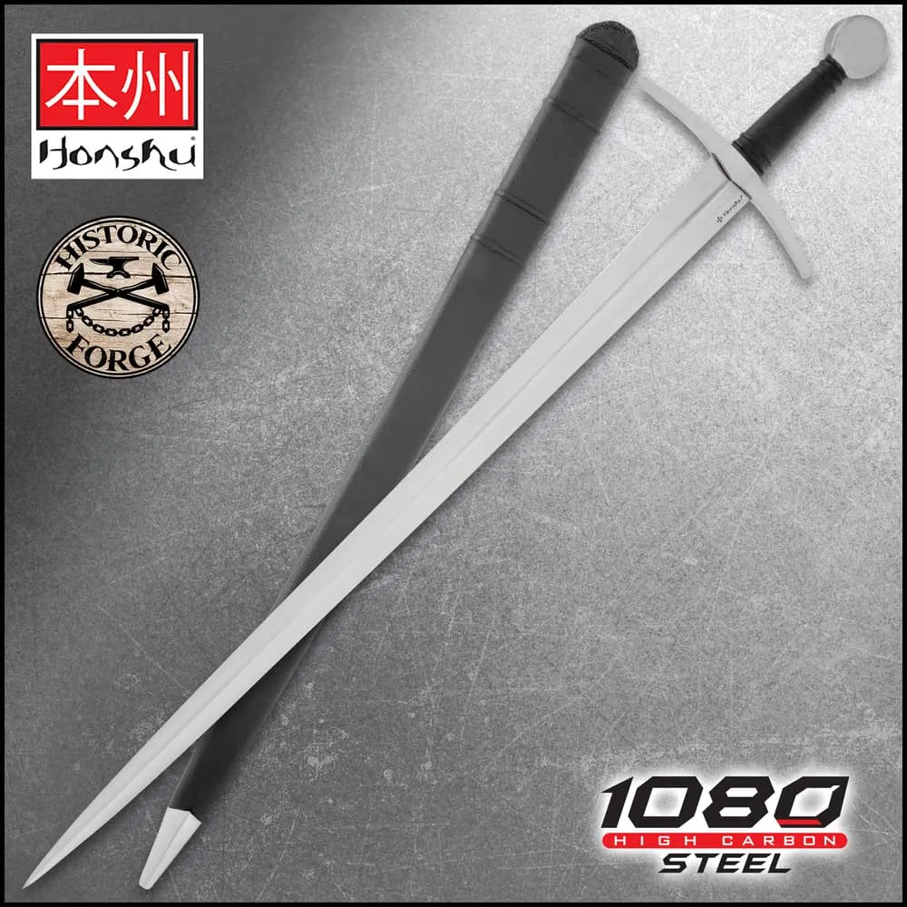 Honshu Historic Forge 15th Century Arming Sword, Oakeshott Type XV design made from 1080 high carbon steel with 38" overall length. Ideal for collectors and medieval décor.
