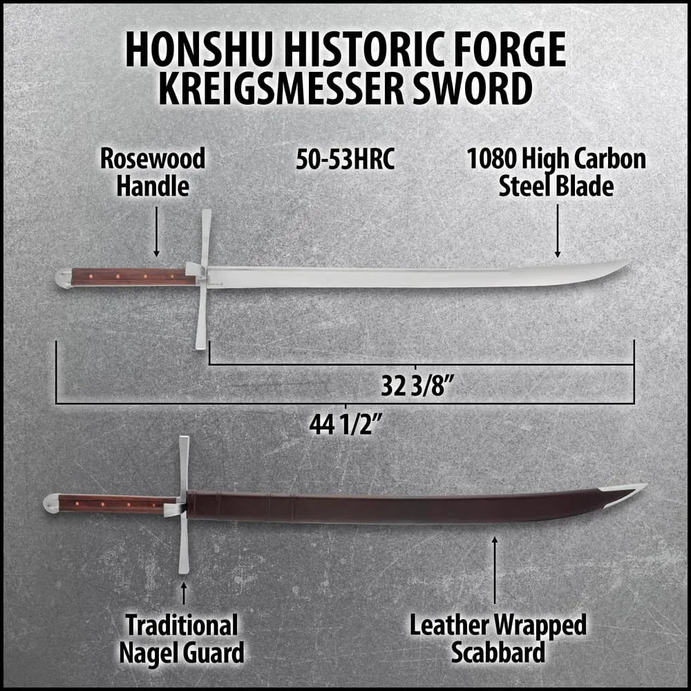 Honshu Historic Forge Kreigsmesser Sword - 32 3/8” 1080 high carbon steel blade