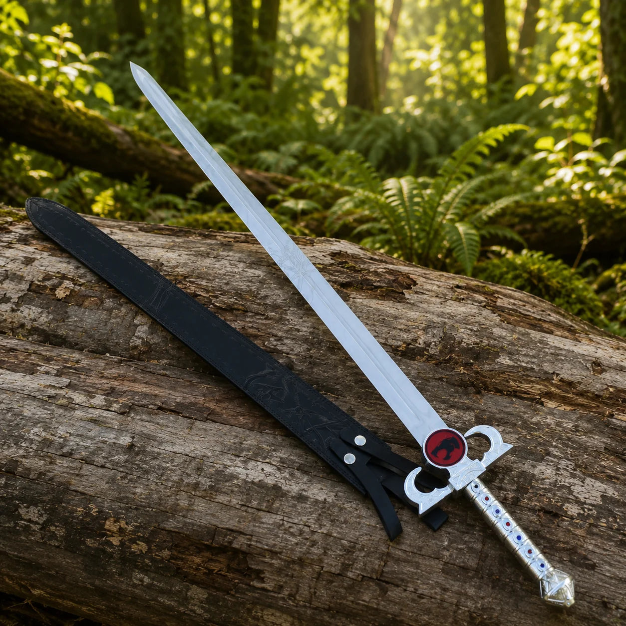 Lion-O Sword of Omens prop replica mirror-polished blade close-up on mossy rock – ThunderCats collectible