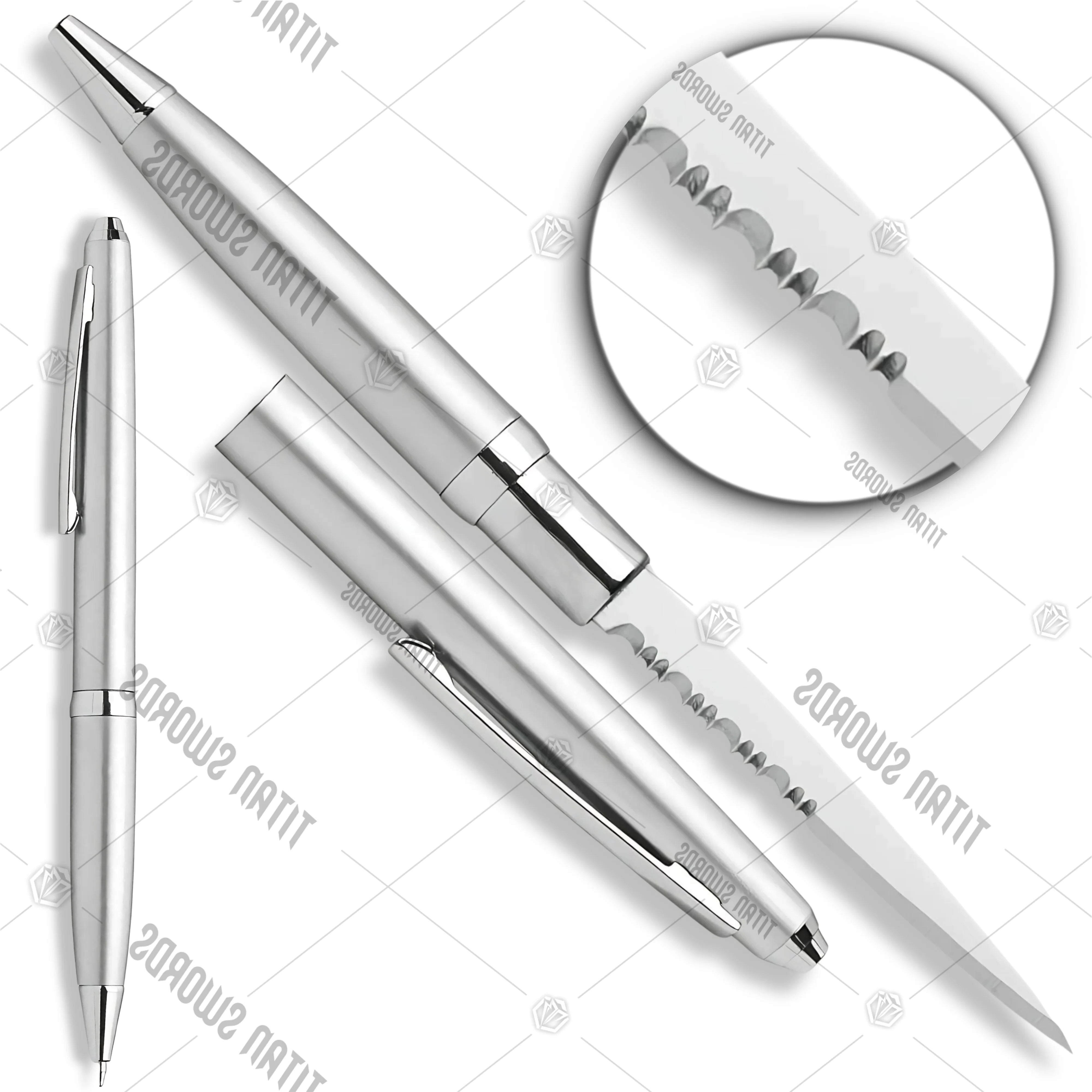Premium Silver Serrated Ink Pen Hidden Knife with concealed blade.