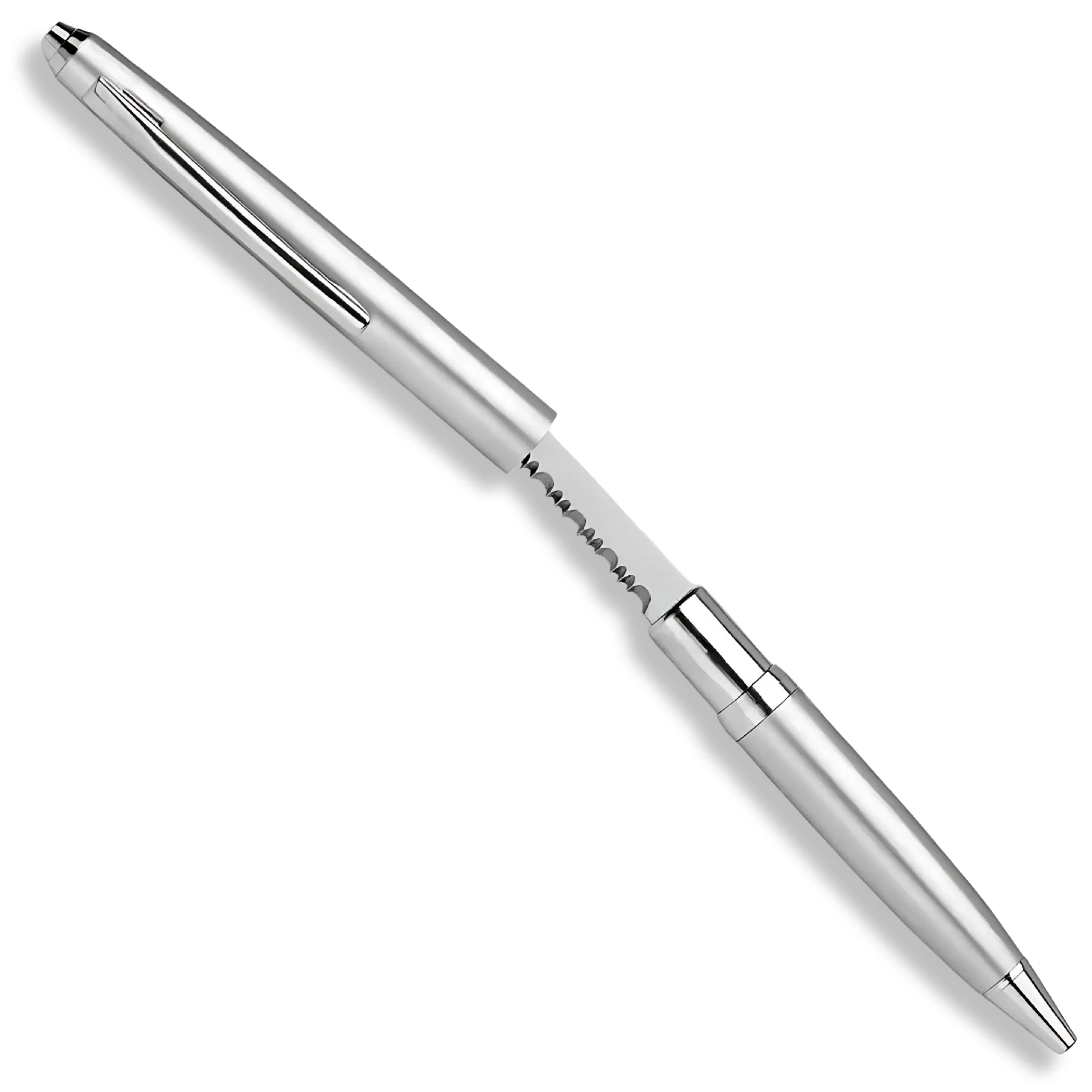 Premium Silver Serrated Ink Pen Hidden Knife with concealed blade.