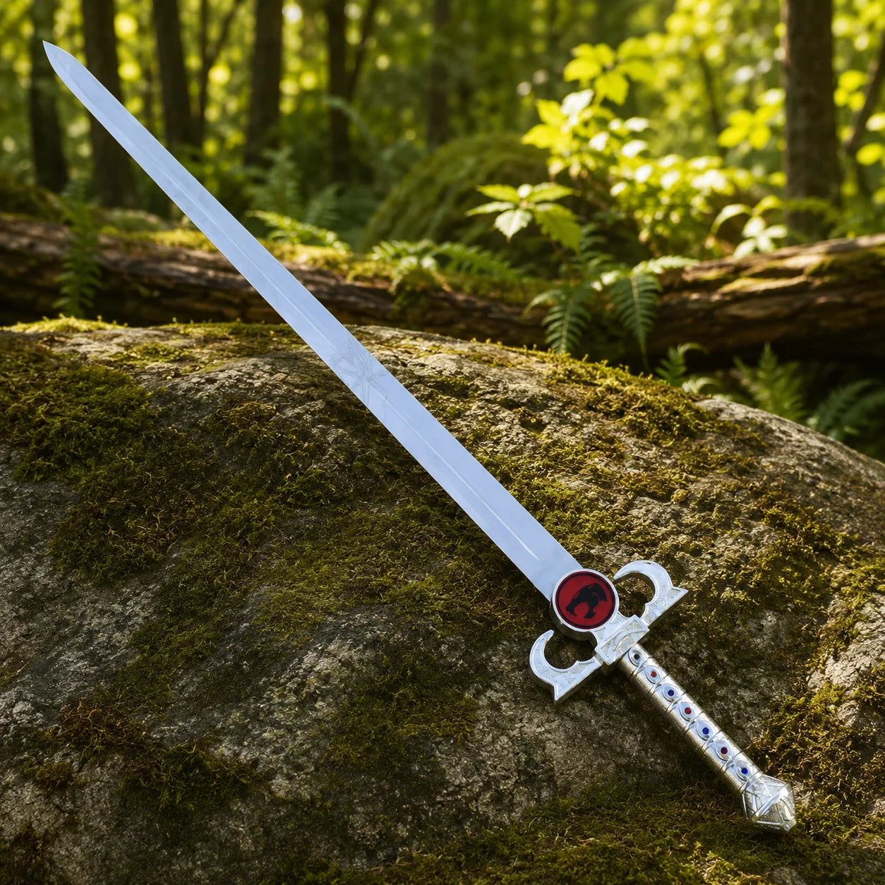 Lion-O Sword of Omens prop replica held in gloved hand over mossy rock – ThunderCats display collectible