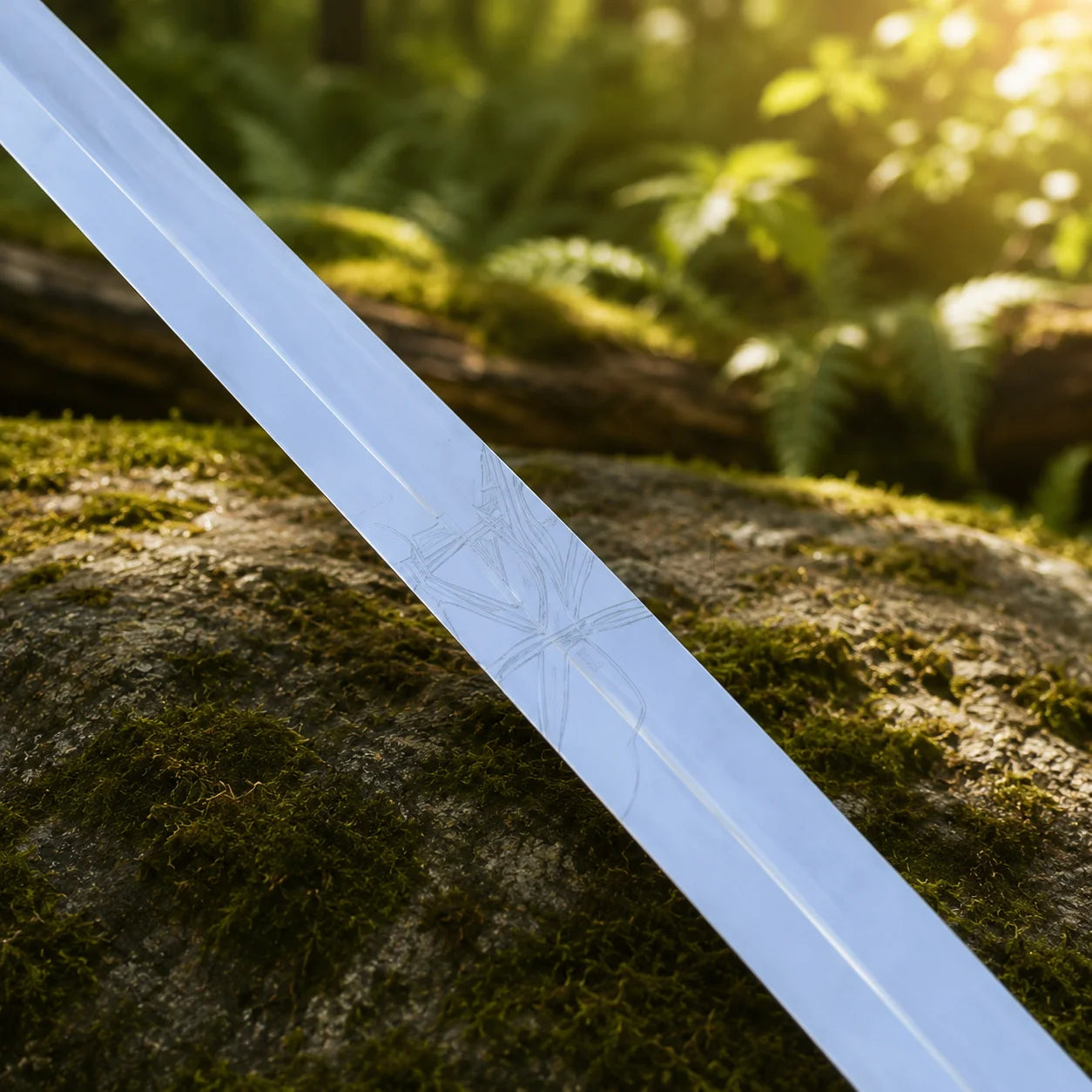 Lion-O Sword of Omens prop replica full view on mossy boulder in forest – ThunderCats fan collectible