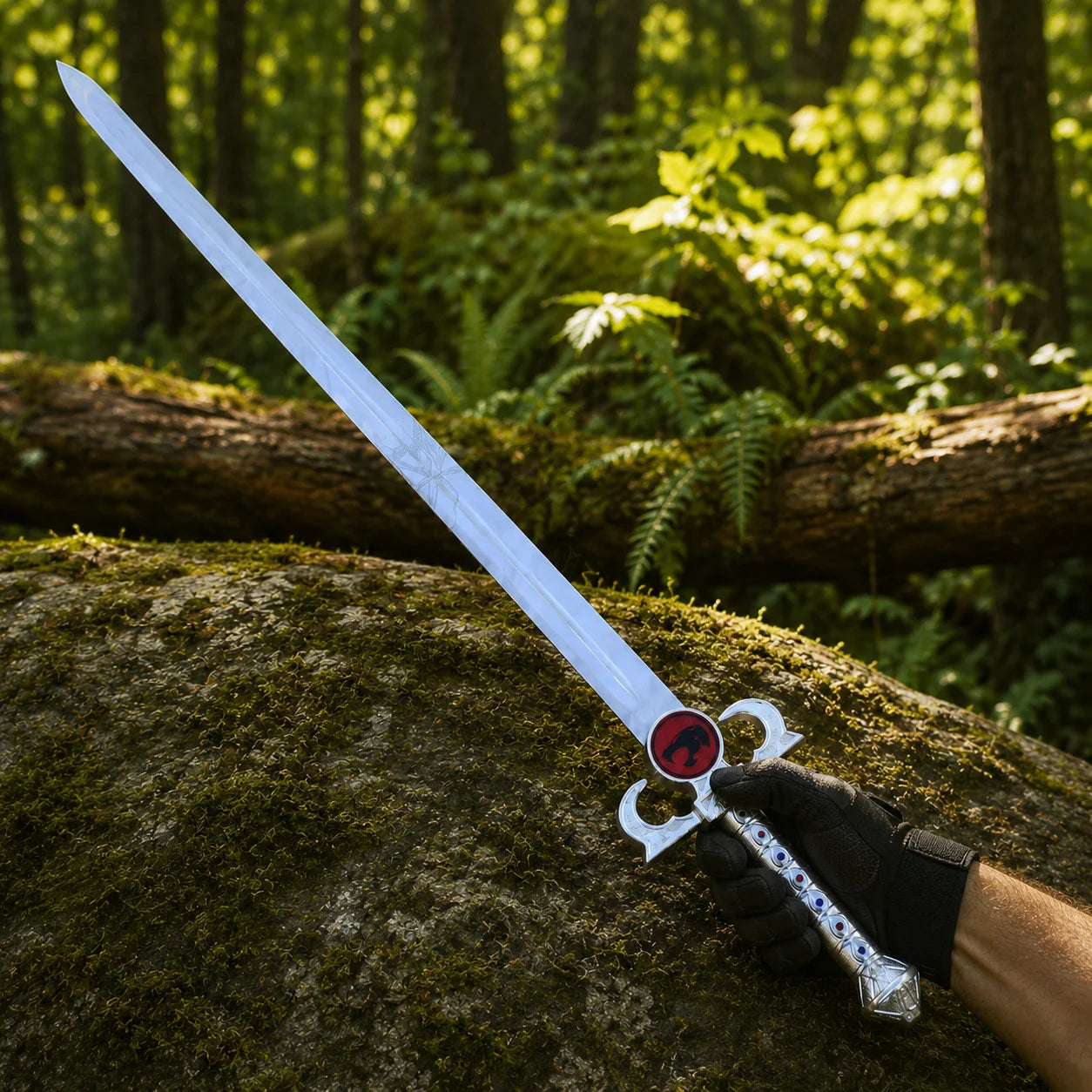 Lion-O Sword of Omens prop replica with black leather scabbard on white background – ThunderCats collectible