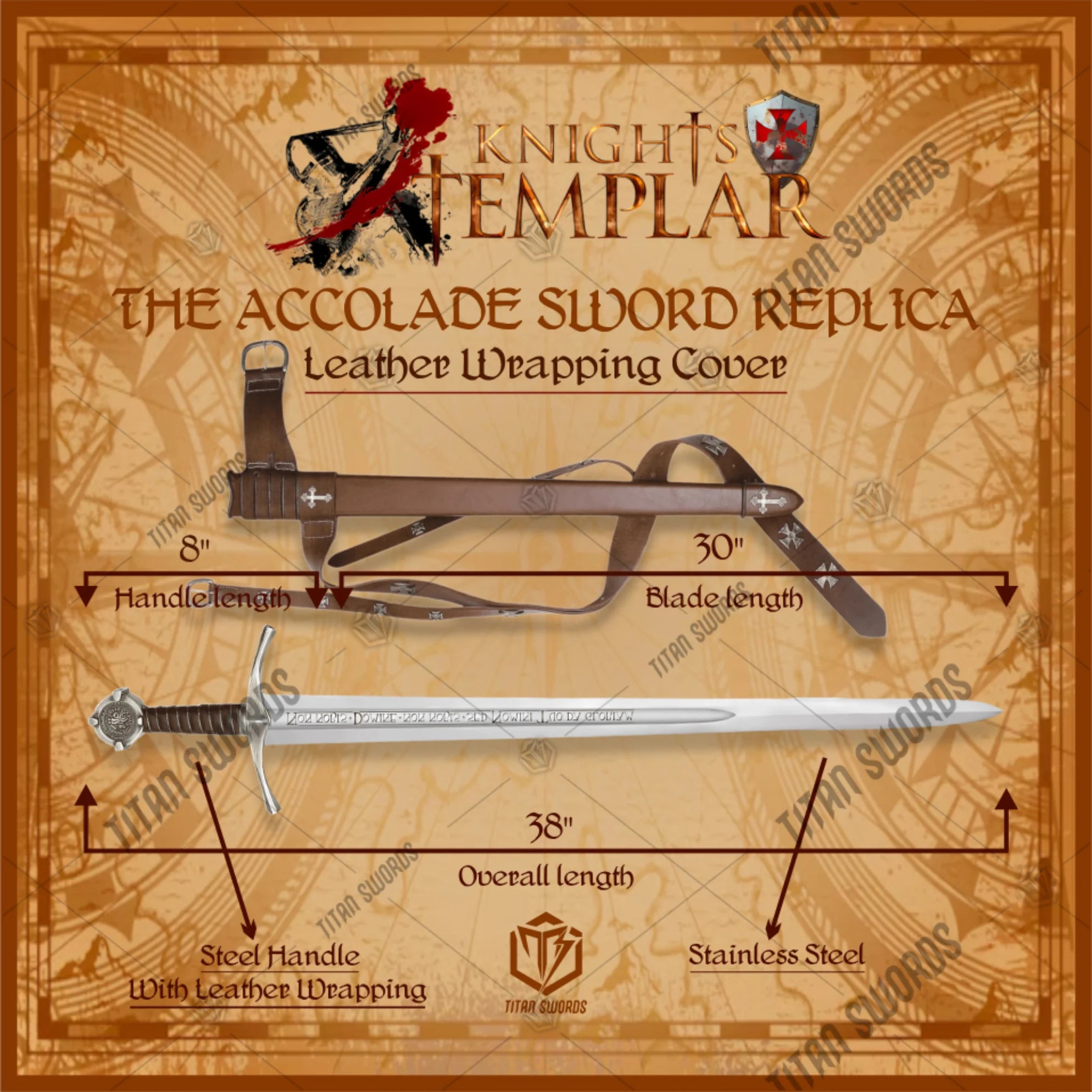 Premium Accolade Knights Templar Grand Master Sword Replica with high-carbon steel blade.