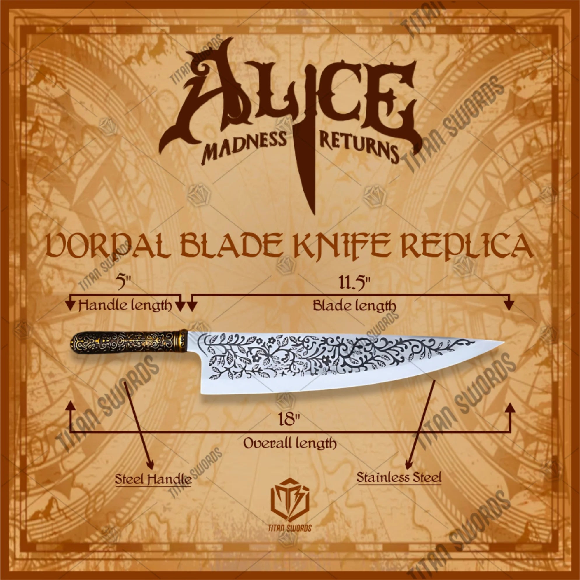 Premium Alice Madness Returns Vorpal Knife Replica with stainless steel blade.