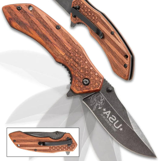 American flag EDC pocket knife with 3.25-inch stonewashed blade and engraved wooden scales