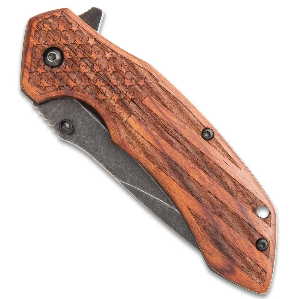 American flag EDC pocket knife with 3.25-inch stonewashed blade and engraved wooden scales