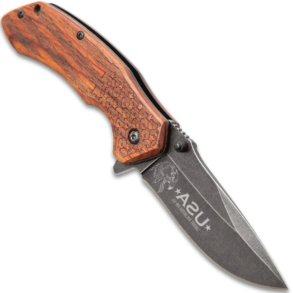 American flag EDC pocket knife with 3.25-inch stonewashed blade and engraved wooden scales