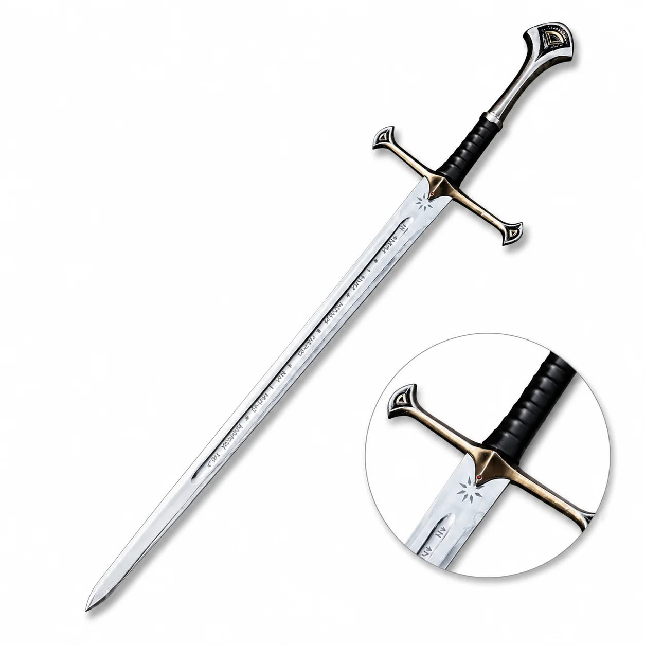 Anduril Narsil LOTR decorative display sword collectible featuring a silver engraved blade and black grip for collector showcases.