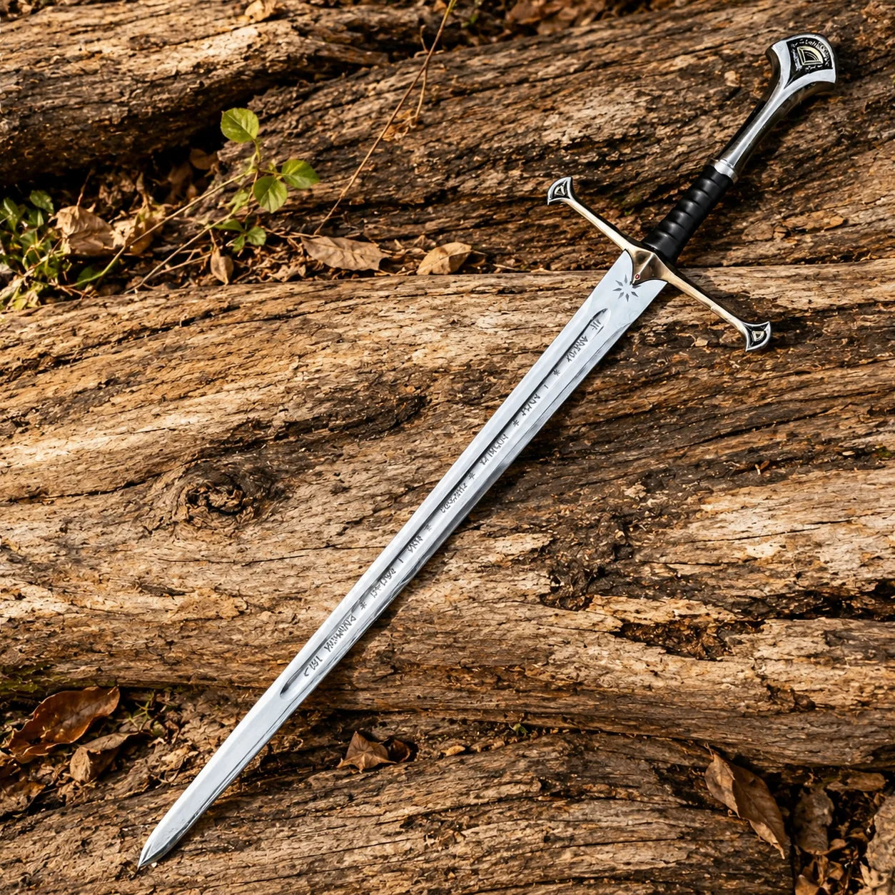 Anduril Narsil LOTR decorative display sword collectible featuring a silver engraved blade and black grip for collector showcases.