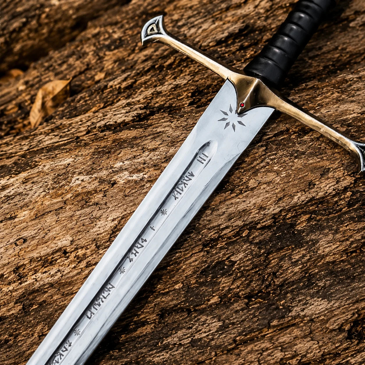 Anduril Narsil LOTR decorative display sword collectible featuring a silver engraved blade and black grip for collector showcases.
