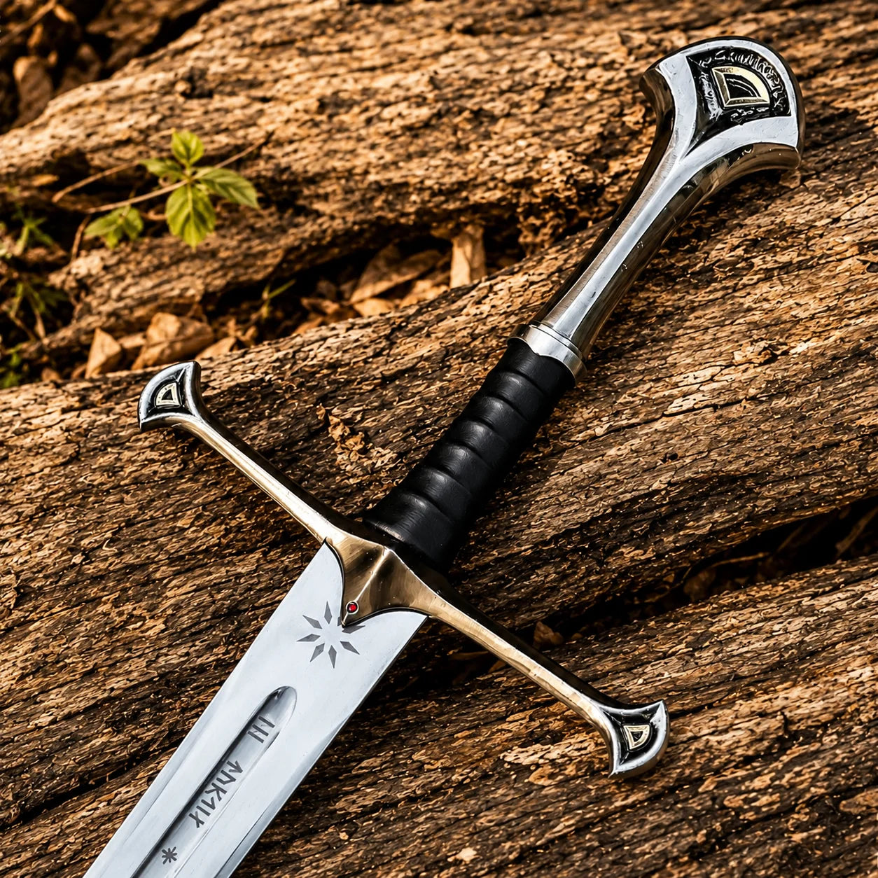 Anduril Narsil LOTR decorative display sword collectible featuring a silver engraved blade and black grip for collector showcases.