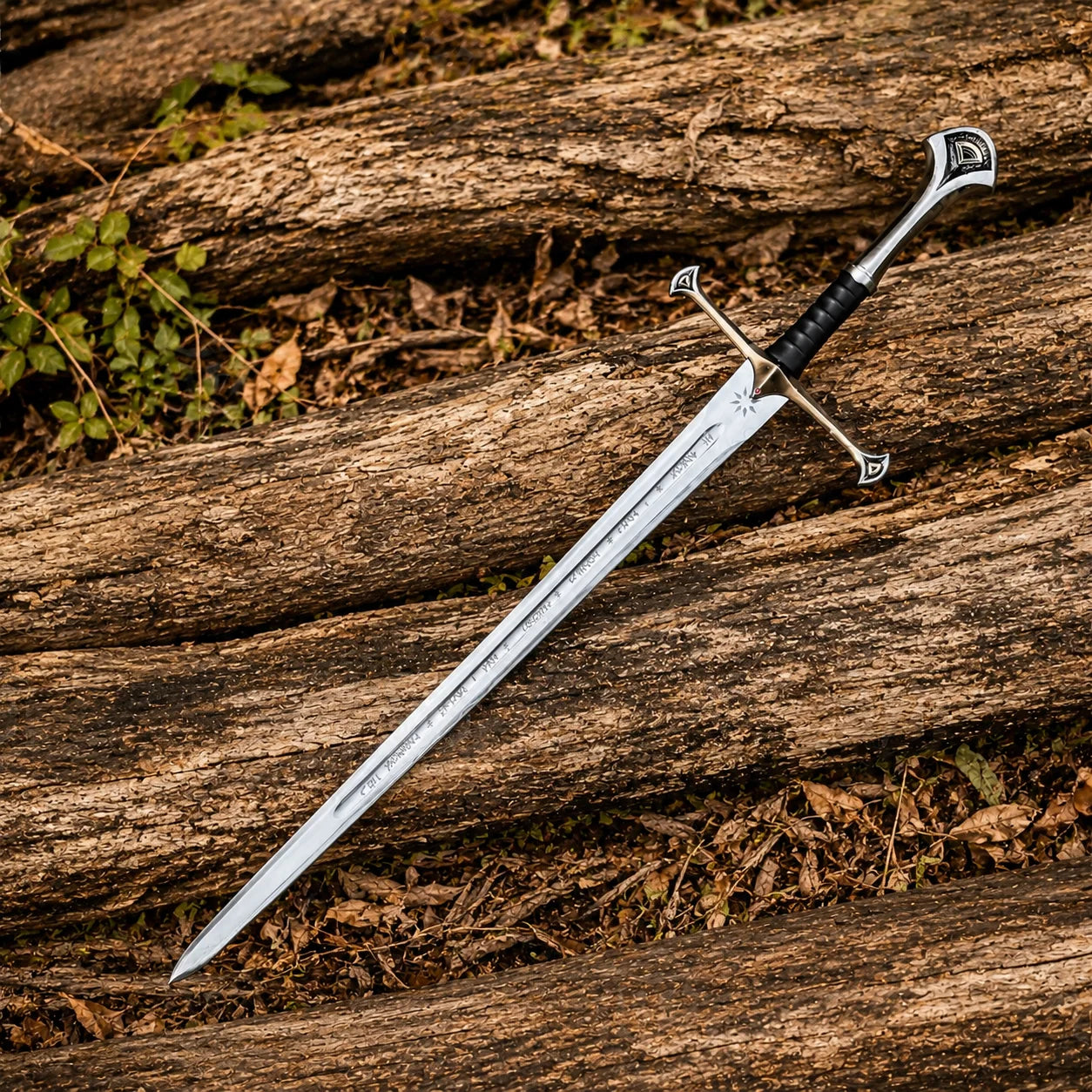 Anduril Narsil LOTR decorative display sword collectible featuring a silver engraved blade and black grip for collector showcases.