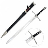 Aragorn Strider ranger sword prop replica full length on mossy boulder with double fuller polished silver blade and straight silver crossguard – LOTR display collectible