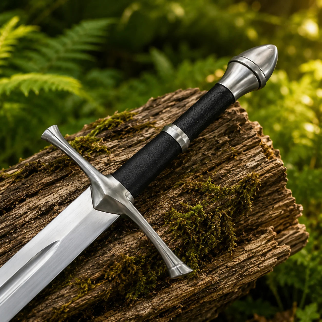 Aragorn Strider ranger sword prop replica held aloft in gloved hand in sunlit forest showing full polished double fuller blade and straight silver crossguard with bullet pommel – LOTR cosplay prop