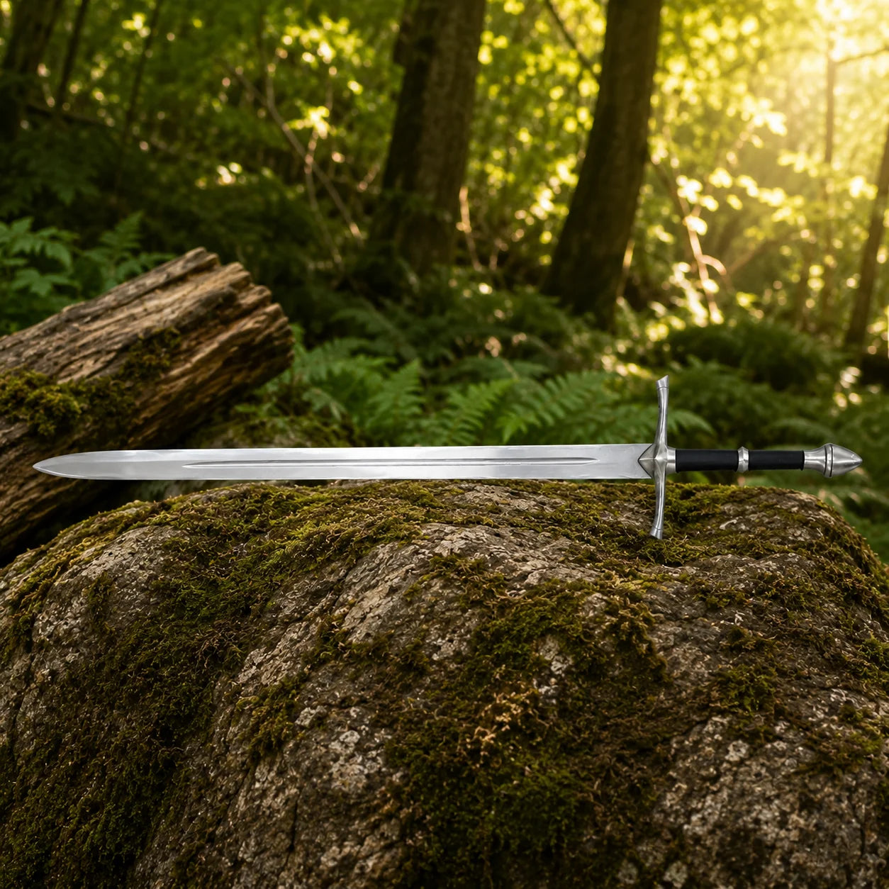 Aragorn Strider ranger sword prop replica full length on mossy forest rock in golden bokeh showing complete black leather grip silver collar ring and polished double fuller blade – Tolkien LOTR collectible
