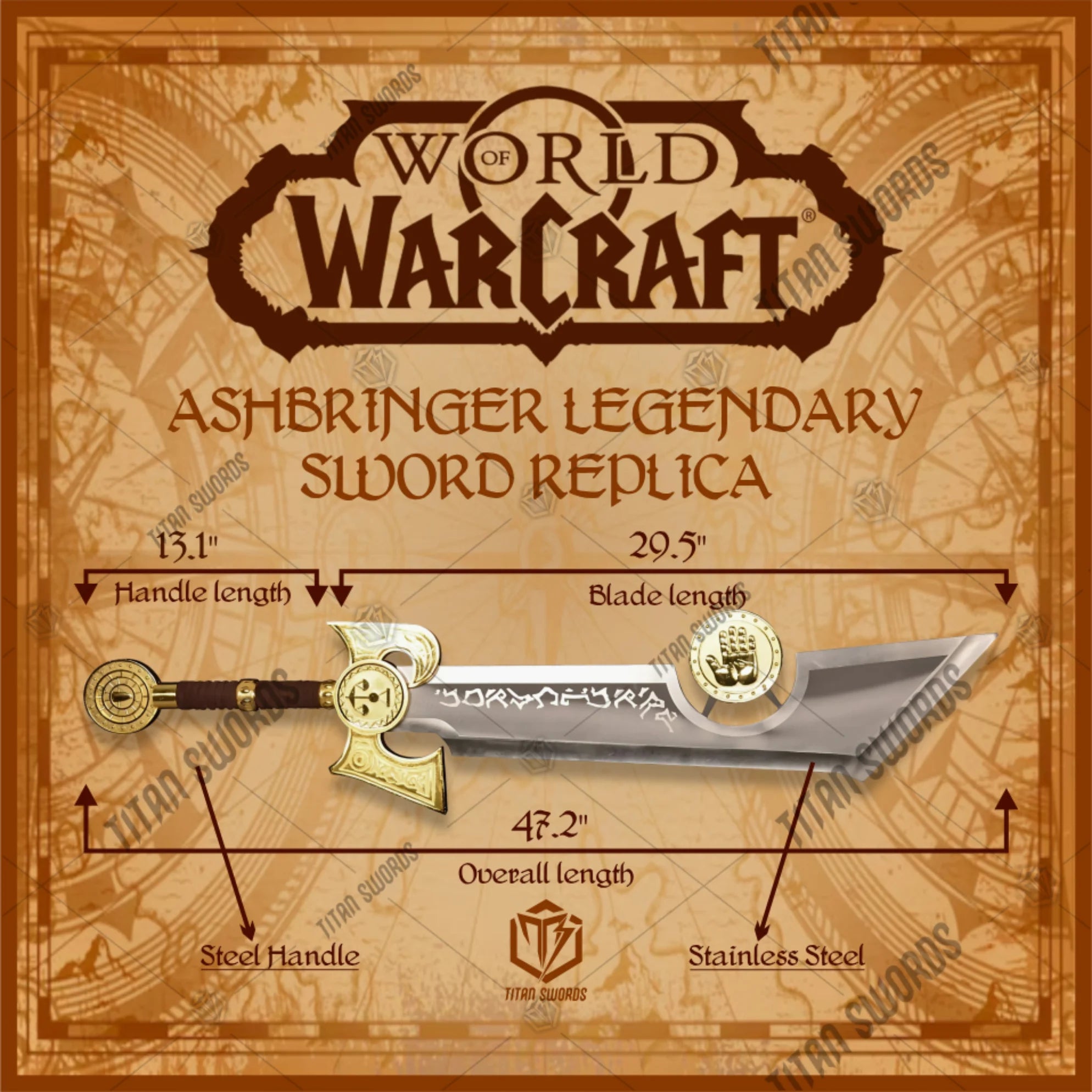 Premium Ashbringer WoW sword replica with runic engravings and display plaque.
