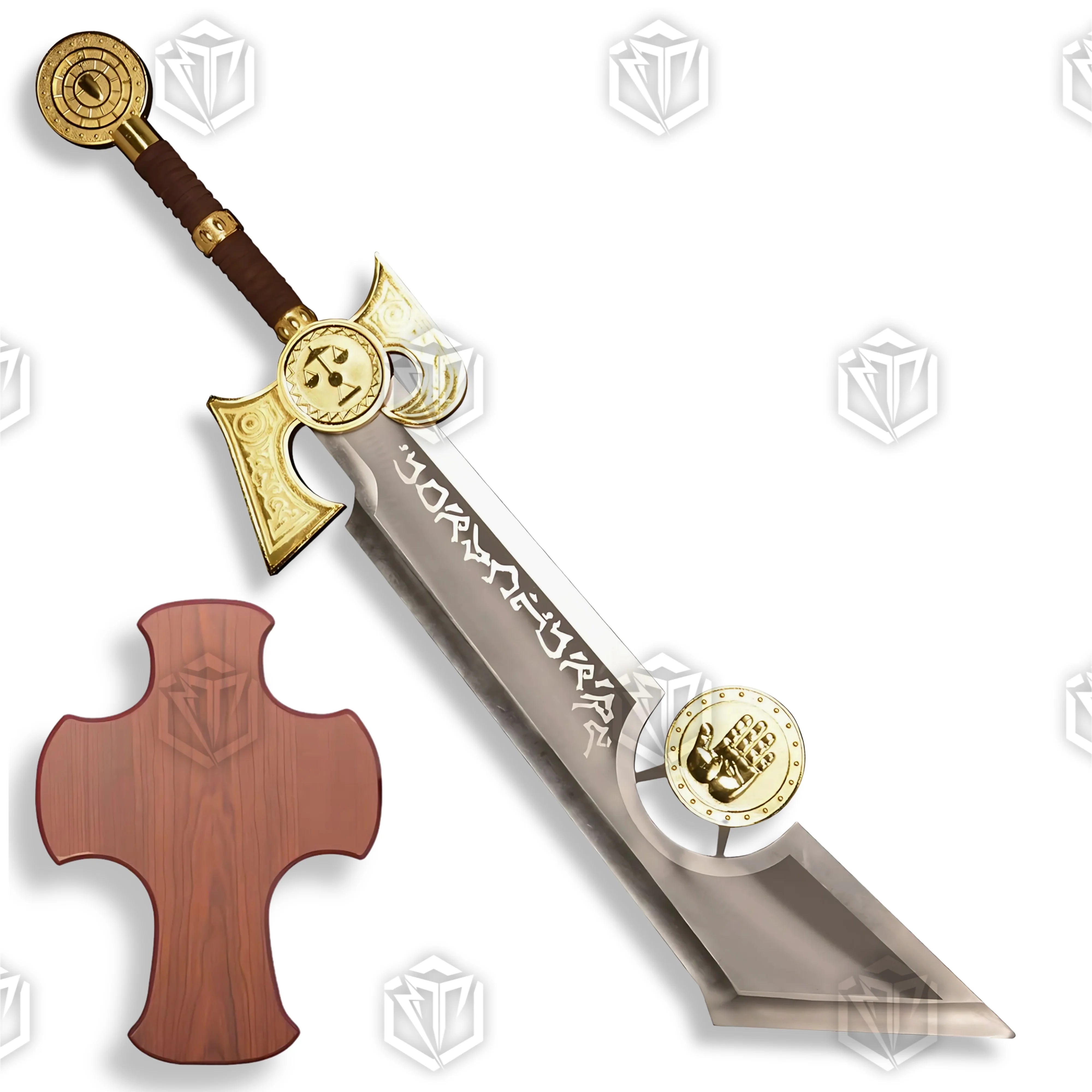 Premium Ashbringer WoW sword replica with runic engravings and display plaque.