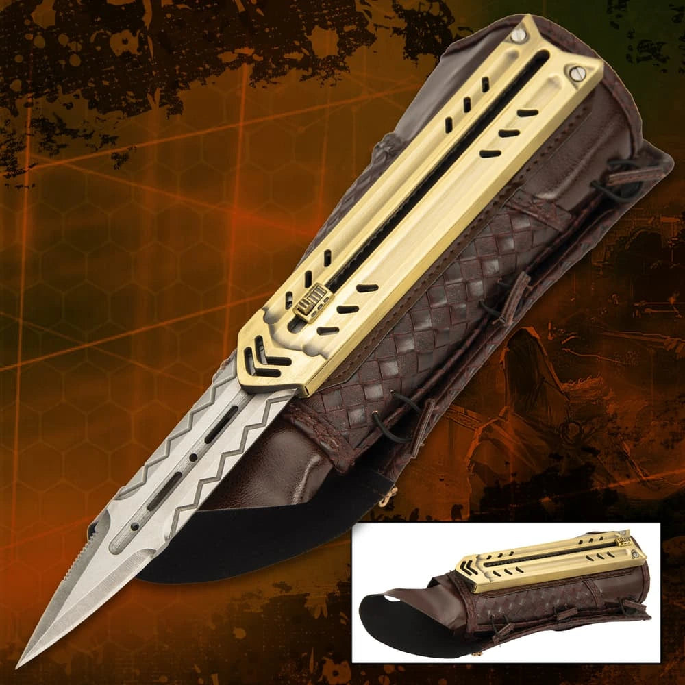 Assassins Guild tactical arm gauntlet with stainless steel blade and canvas arm sheath