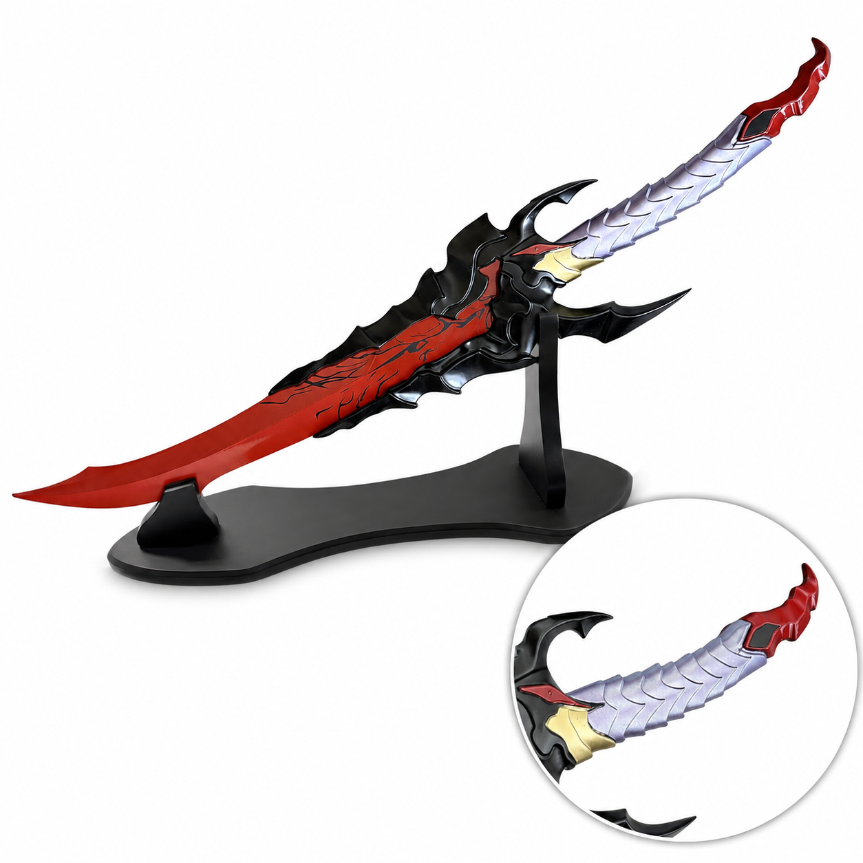 Baran Demon King Sword Solo Leveling replica – multi-angle composite showing full sword on black display stand, crossguard closeup, and small stand view on white background