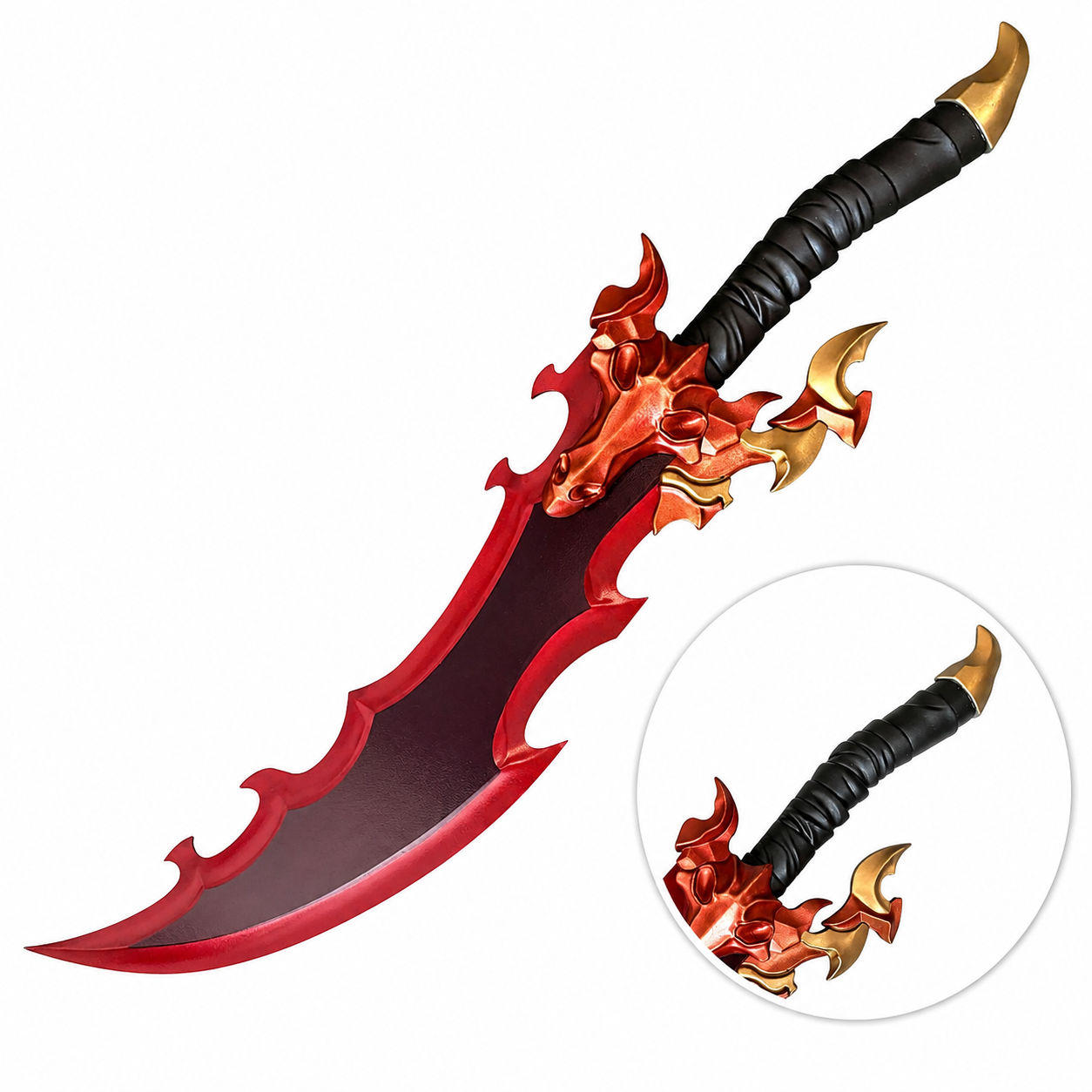 Baran's Eye Version Sword Solo Leveling replica – multi-angle composite showing dragon skull crossguard closeup, full diagonal view, and display stand view on white background