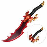 Baran's Eye Version Sword Solo Leveling replica – full diagonal view with circular inset closeup of purple dragon skull crossguard and gold accents on white background