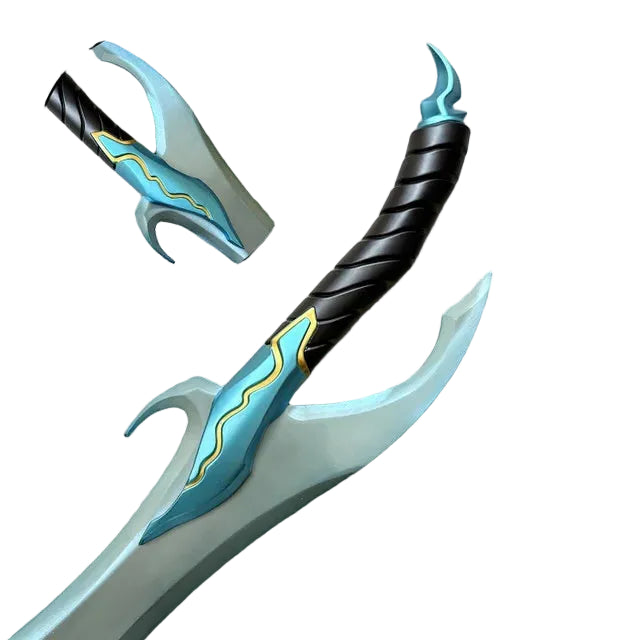 Solo Leveling Baruka dagger replica full view with blue design and display stand