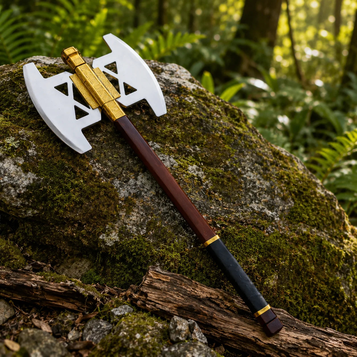 Battle Axe of Gimli LOTR display replica with metallic axe head, brown handle styling, fantasy detailing, and collectible Lord of the Rings decor presentation