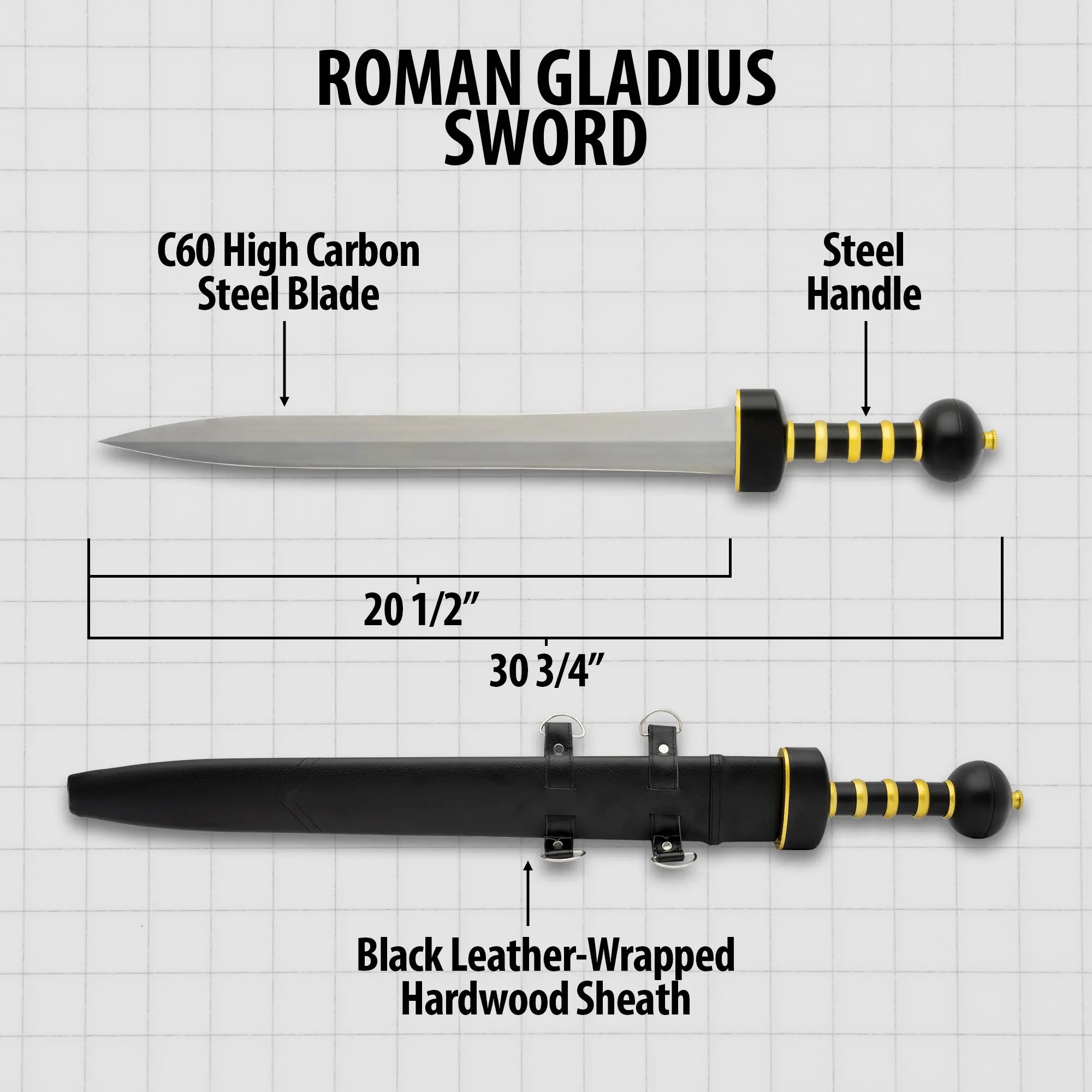 Roman Gladius Battle Tested Sword – authentic Pompeii gladius sword with 20 1/2" sharpened blade, full tang steel handle & black leather scabbard | Roman short sword for reenactment and collectors