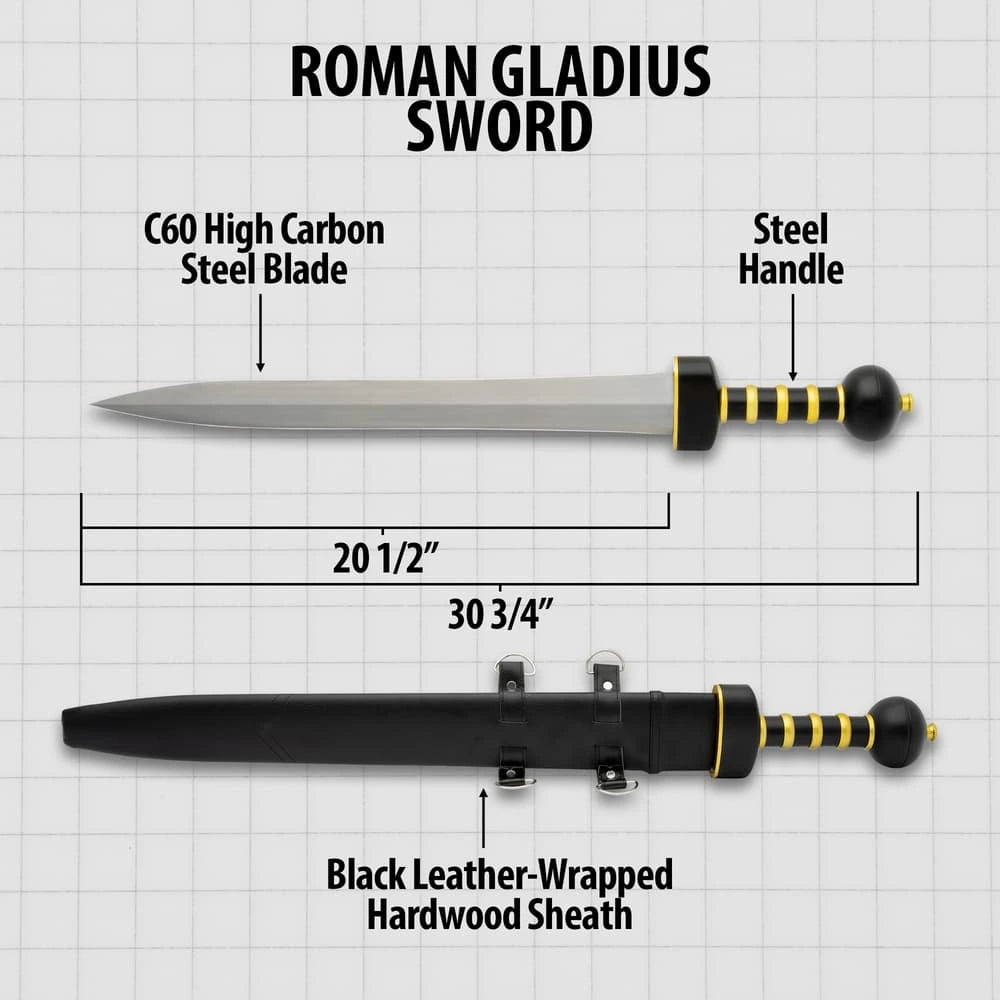 Roman Gladius Battle Tested Sword – premium Pompeii gladius sword with 20 1/2" sharpened blade, full tang steel handle & black leather scabbard | Roman short sword for reenactment and collectors