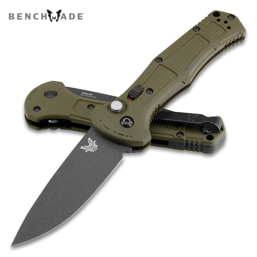 Push-button mechanism with safety Benchmade Claymore