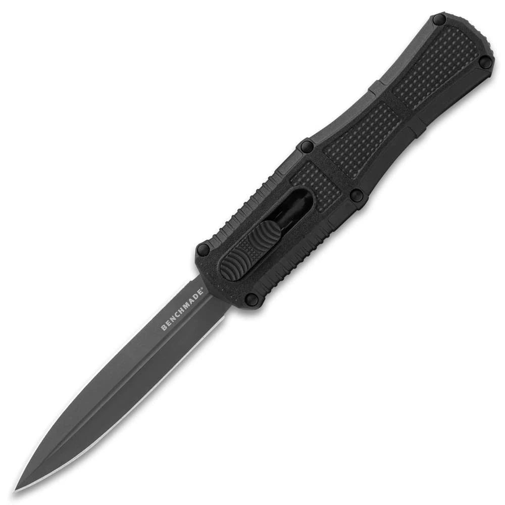 Benchmade Claymore OTF Knife collector display piece with black textured handle, dark blade section, Benchmade branding, rear clip, screw accents, and compact showcase presentation
