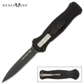 Benchmade Infidel All-Black OTF Knife collector display piece with black handle, silver-tone slider, branded clip, dark finish, and black fabric sheath