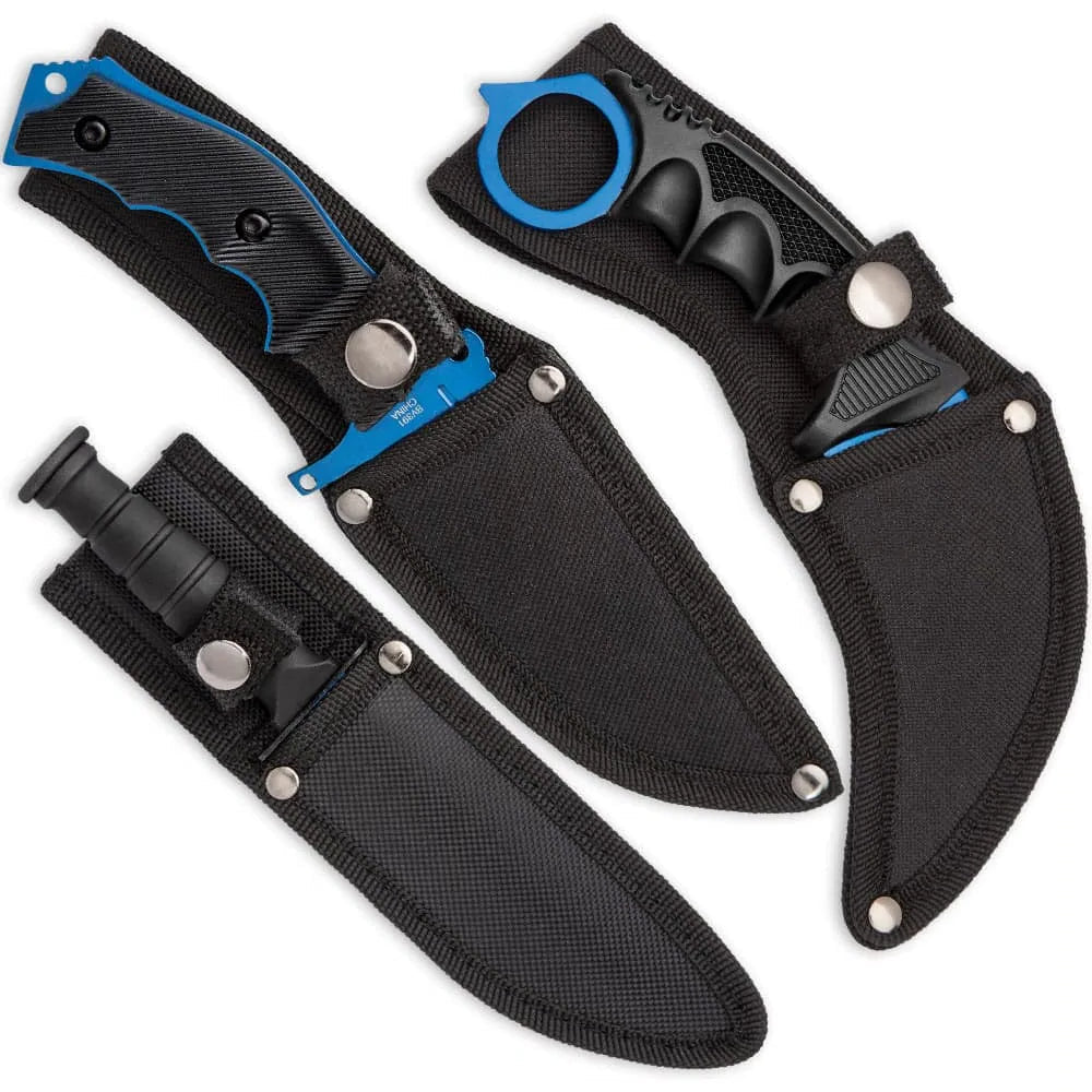 Black Legion triple knife set with karambit, huntsman, fixed blade in nylon sheaths for EDC