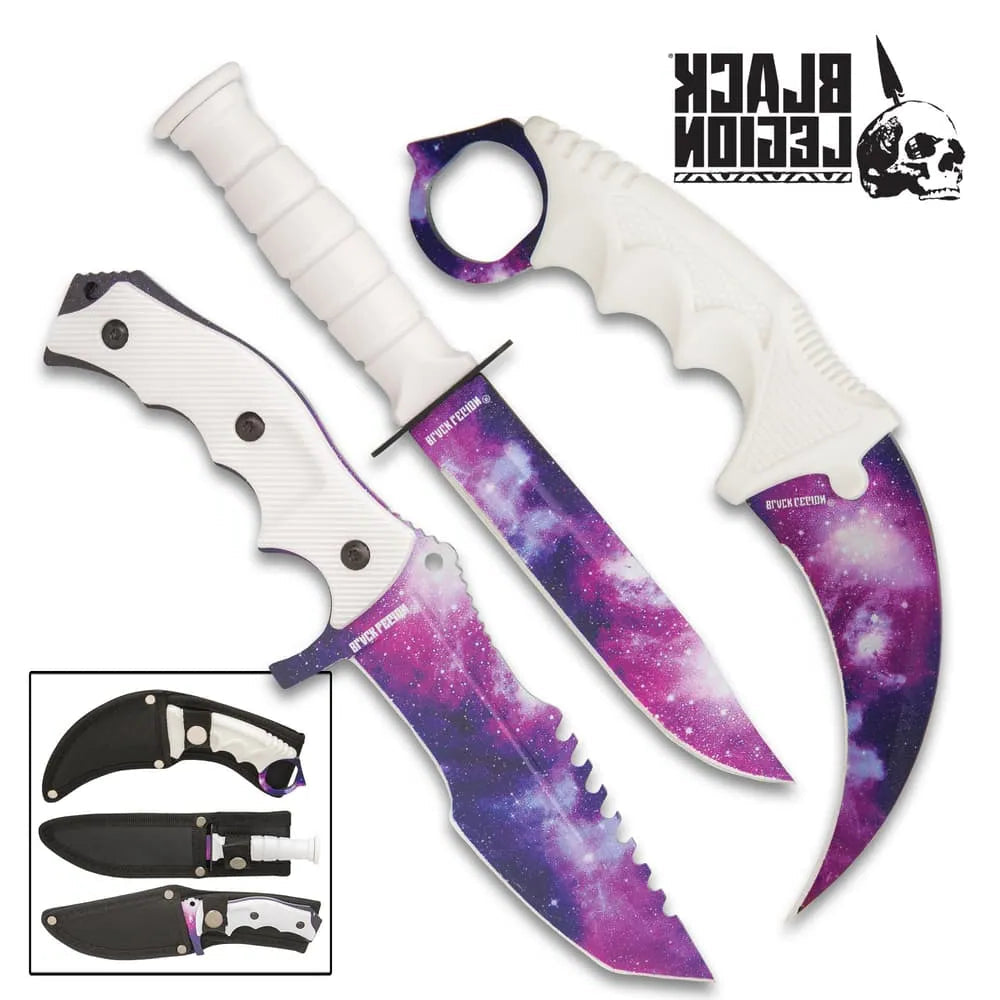 Black Legion triple knife set with karambit, huntsman, fixed blade in nylon sheaths for EDC