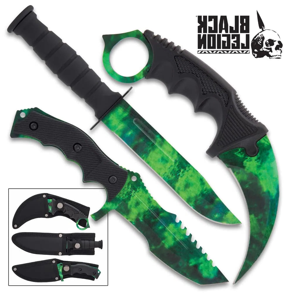 Black Legion triple knife set with karambit, huntsman, fixed blade in nylon sheaths for EDC