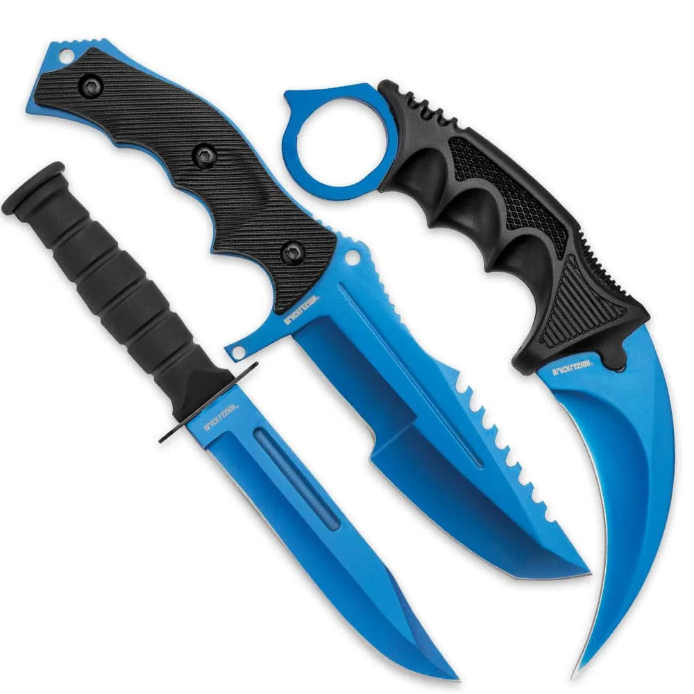 Black Legion triple knife set with karambit, huntsman, fixed blade in nylon sheaths for EDC