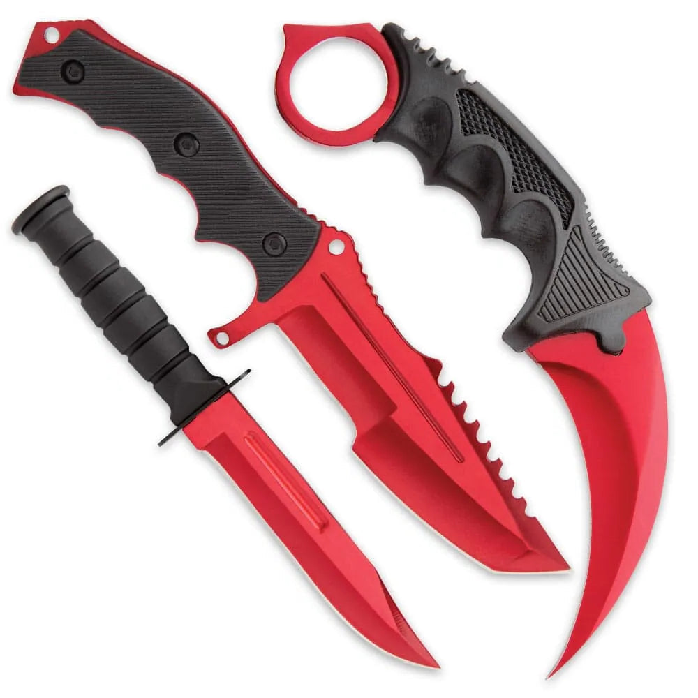 Black Legion triple knife set with karambit, huntsman, fixed blade in nylon sheaths for EDC