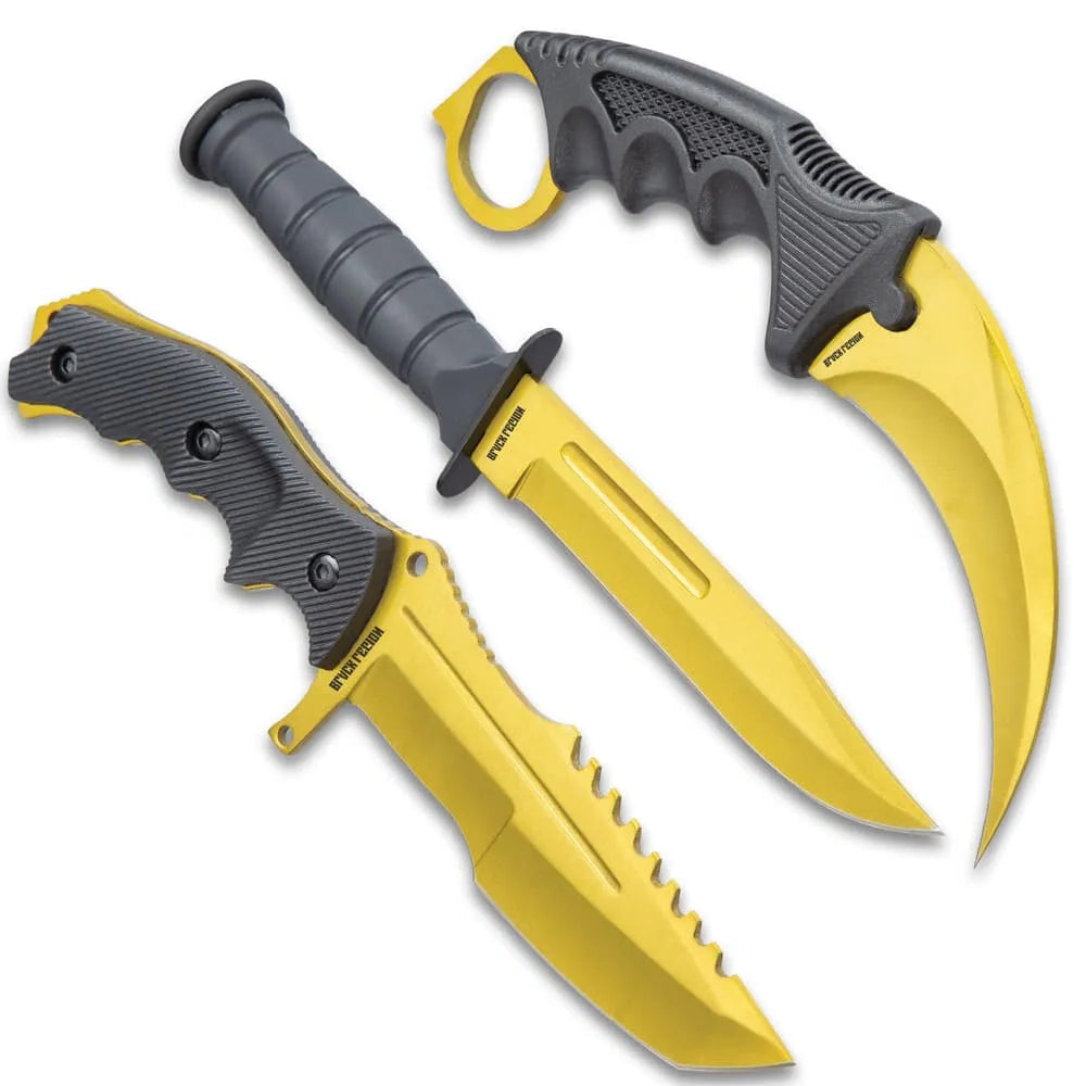 Black Legion triple knife set with karambit, huntsman, fixed blade in nylon sheaths for EDC