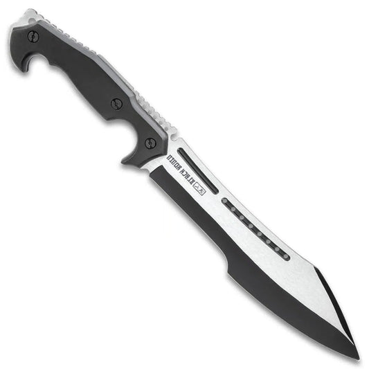 Black Ronin stealth machete with 9.75-inch stainless blade and nylon sheath for outdoor clearing