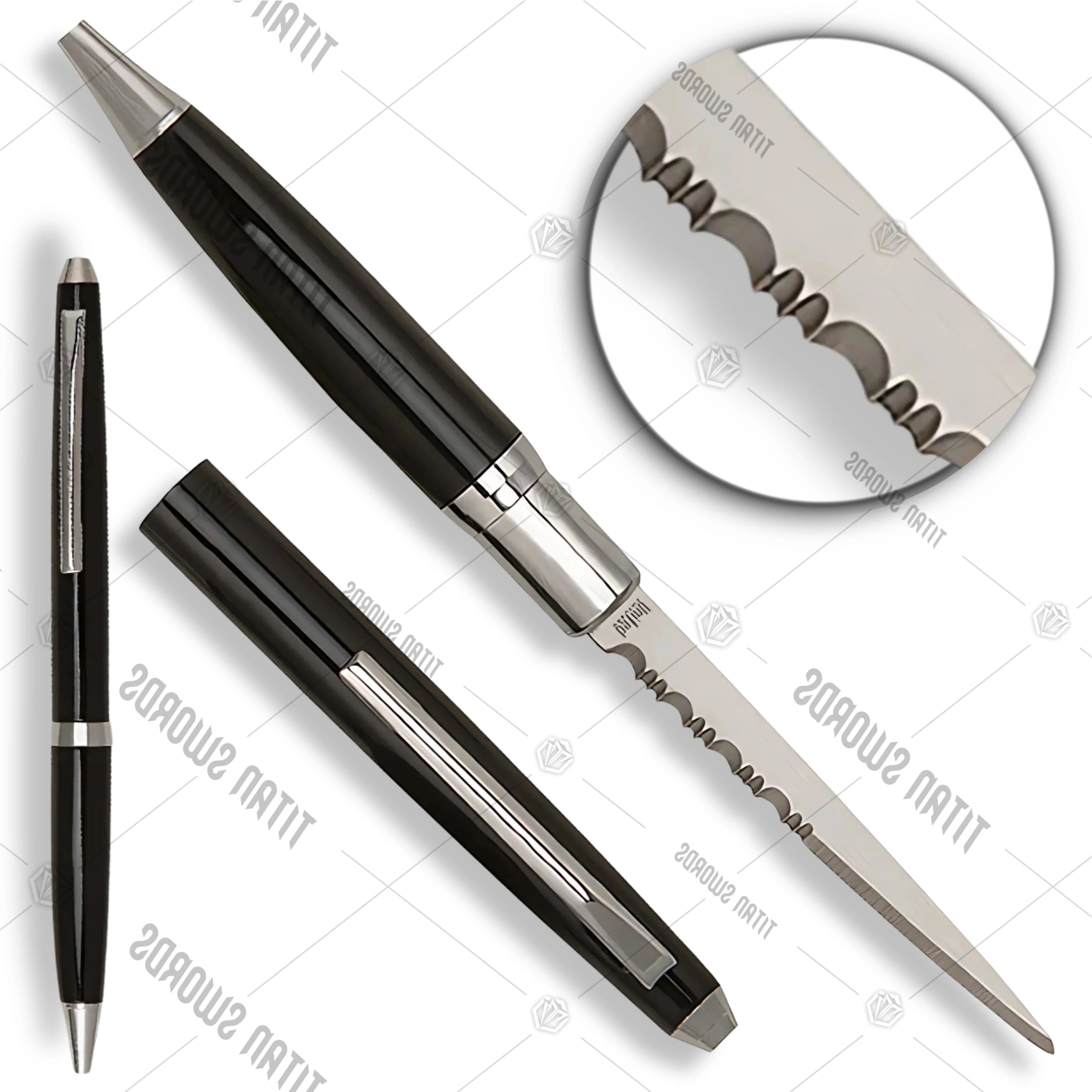 Premium Black Serrated Ink Pen Hidden Knife with concealed blade.