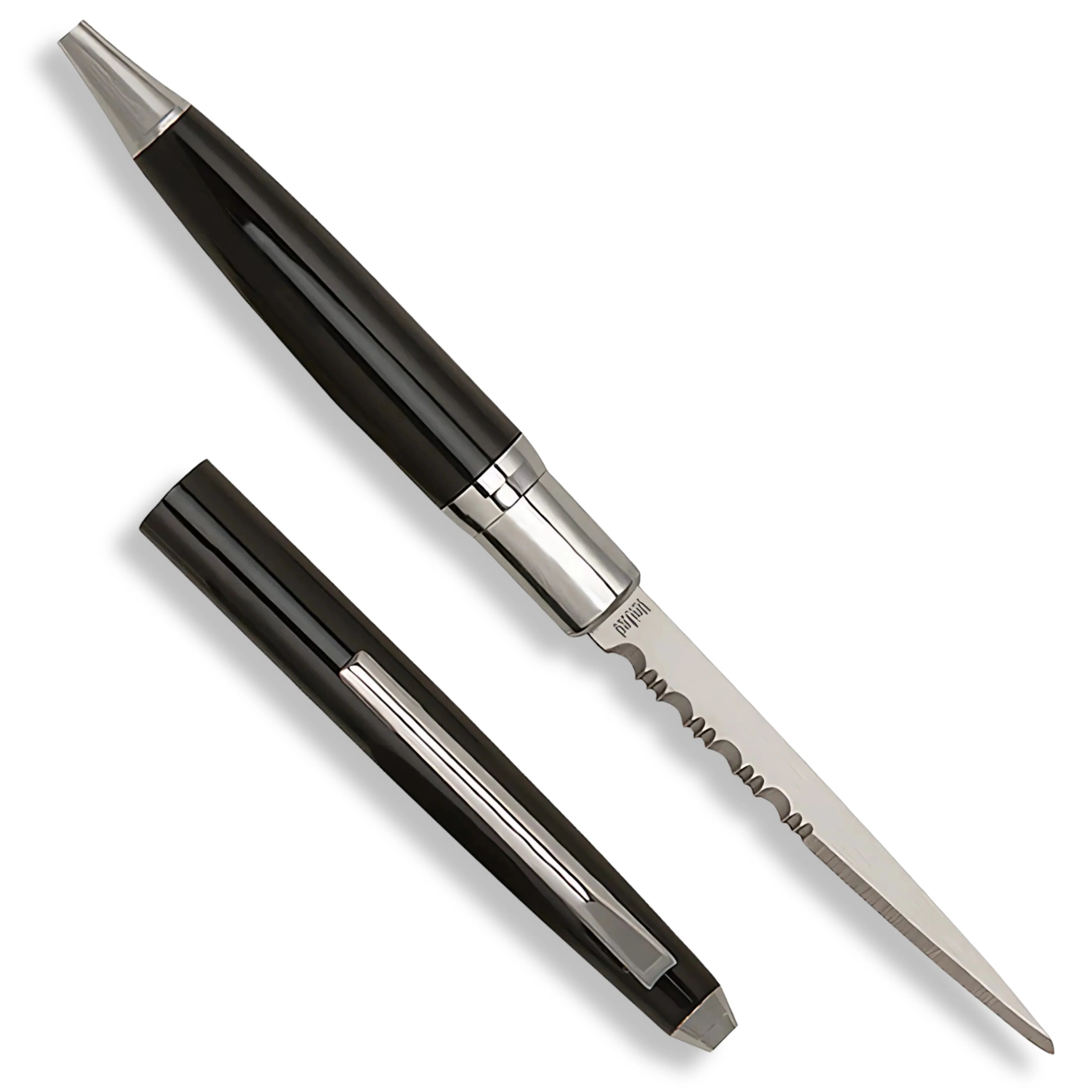 Premium Black Serrated Ink Pen Hidden Knife with concealed blade.