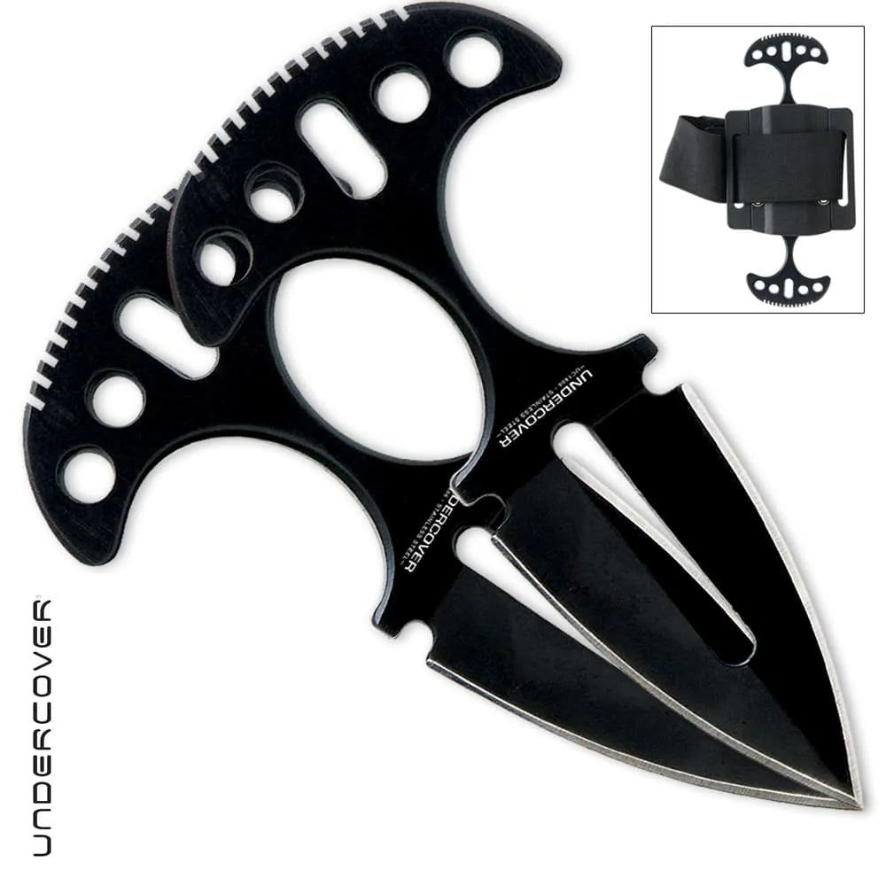 Pair of black twin push daggers showing 2 inch stainless steel blades and curved handles