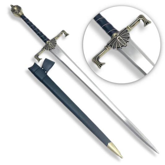 Blackfyre sword replica from House of the Dragon – Valyrian steel Targaryen blade with dragon hilt, black leather scabbard, and ruby pommel | Official Game of Thrones collectible for cosplay and display