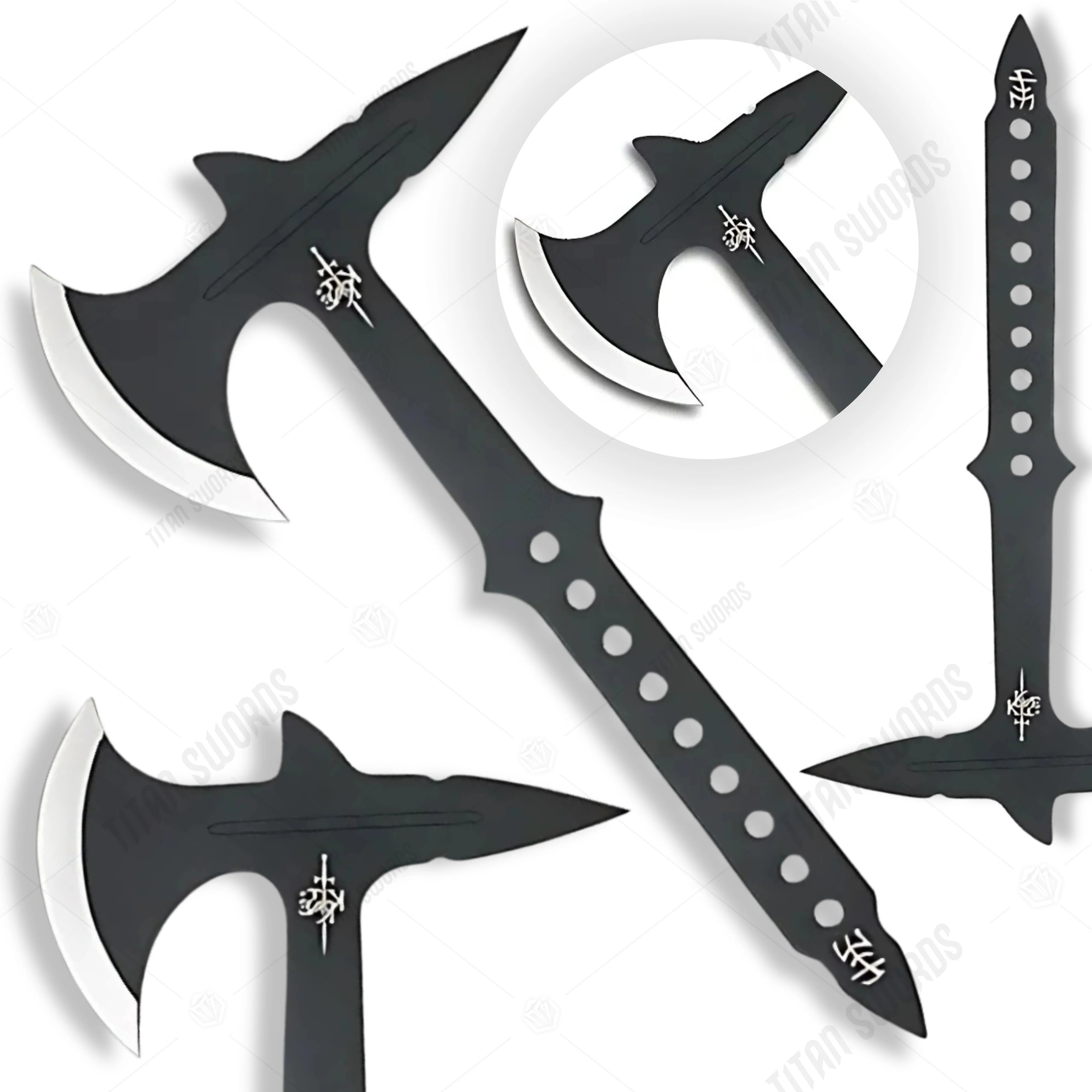 Premium Blackjet Throwing Axe Fantasy Replica with runic engravings.